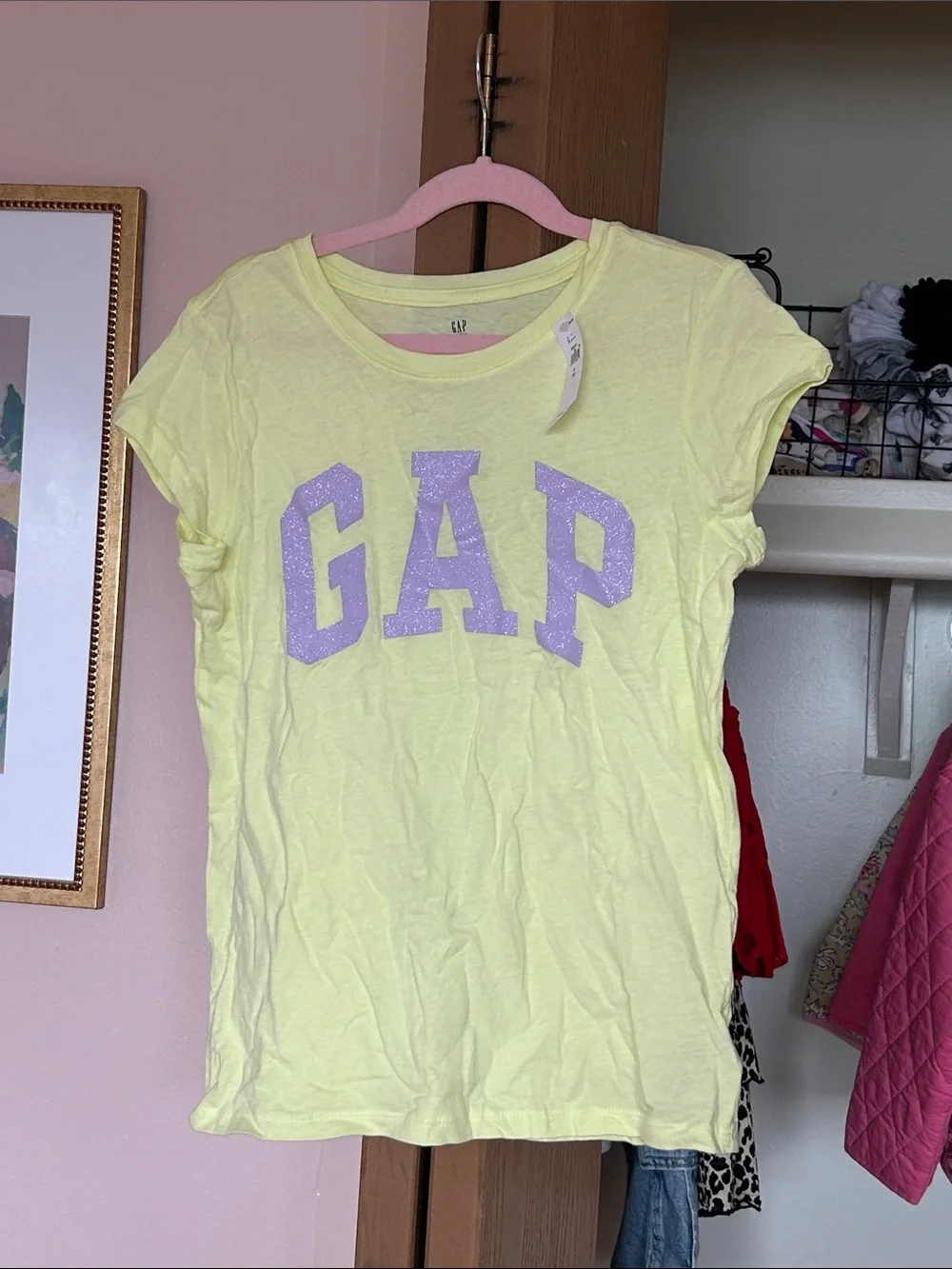 GAP Pale Yellow Tee with Lilac Glitter Logo